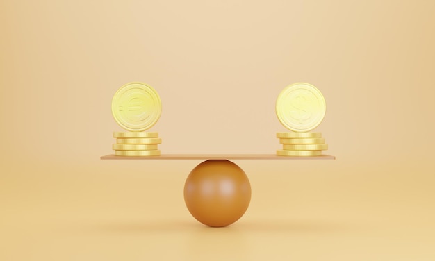 Photo symbol coins euro and symbol coins dollar balancing on a seesaw 3d rendering