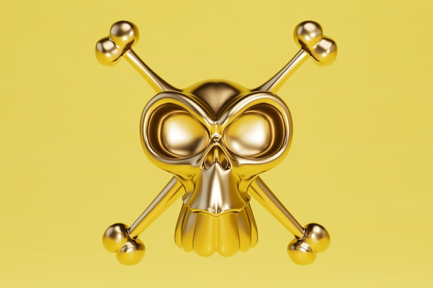 A symbol of danger a skull with crossbones of gold color on a\
yellow background 3d render