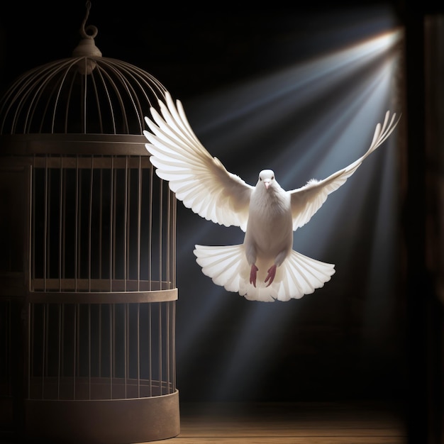 Symbol of freedom a white dove with outstretched wings flies towards the light