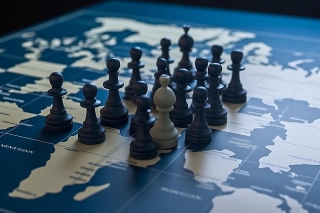 symbol of geopolitics in the world with chess pieces on world map