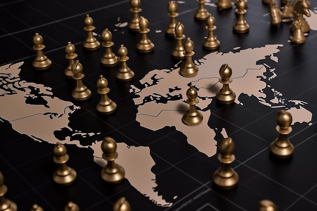 symbol of geopolitics in the world with chess pieces on world map