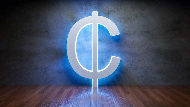 Symbol of Ghanaian cedi glowing in empty concrete room as currency sign3D Rendering