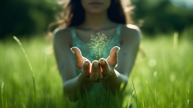 Symbol icon CO2 in hand young woman on natural green