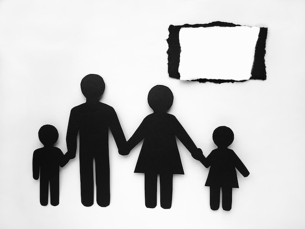 Symbol interracial family, figures of people cut out of black paper, Mixed-race family set