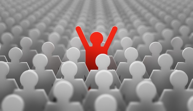 Photo the symbol of a leader in the form of a red man with his hands up in a crowd of white men