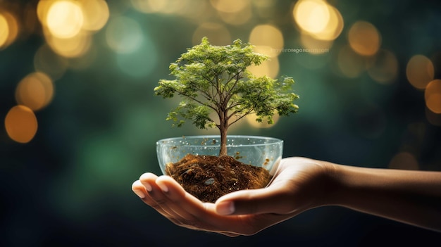 生命と健康の象徴 人の手が優しく抱きしめる 小さな繁栄する木