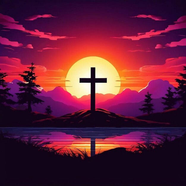 A symbol of love and pray cross at sunset