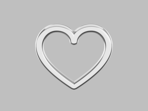 Symbol of love Toy metal heart Silver one color On a gray flat background Front view 3d rendering