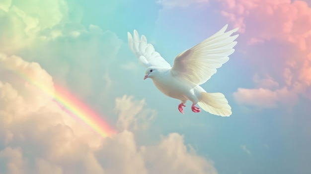 사진 평화 의 상징 인  비둘기 는 활기찬 무지개 와 구름 에 대항 하여 날아다니고 있다