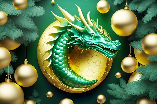 Фото Символ традиционного азиатского дракона с еловыми ветвями и золотыми новогодними шарами