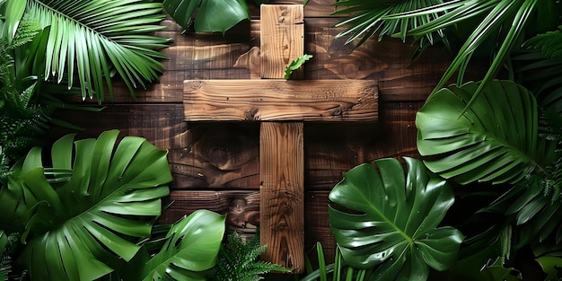 Symbol of Palm Sunday Wooden cross with palm leaves and green coconut leaves on a white background Concept Religious Symbolism Palm Sunday Wooden Cross Palm Leaves Green Coconut Leaves