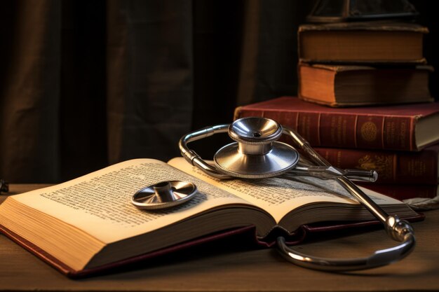 Foto il simbolo della professionalità e dell'assistenza al paziente il libro del medico e lo stetoscopio in un hos