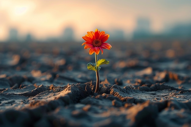 Foto simbolo di resilienza un fiore di speranza fiorisce in mezzo al suolo arido