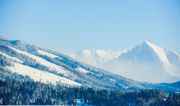 Symbol of Slovakia - peak Krivan from Haj-Nicovo near Liptovsky Mikulas in winter with snow. Slovaki