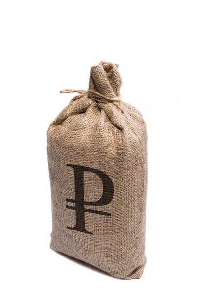 Symbol and symbol of the Russian ruble on a full sack