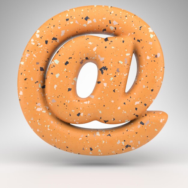 AT symbol on white background. 3D rendered sign with orange terrazzo pattern texture.