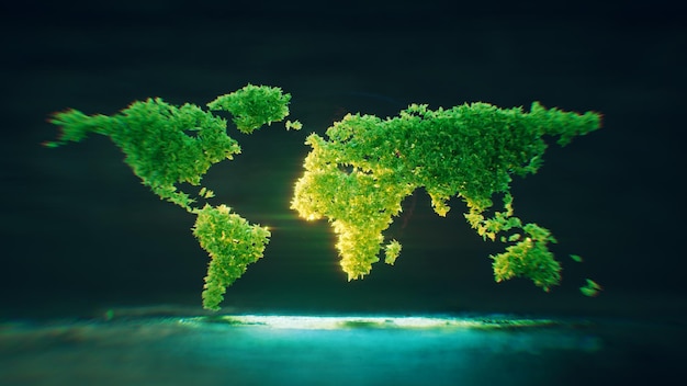 다크 블루 배경에 백라이트 된 울창한 녹색 반투명한 잎으로 구성 된 대륙의 형태의 세계의 상징 지구 온난화와 생태 관광의 개념 3d 렌더링