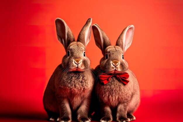 Symbol of the year 2023 funny rabbits with a red bow on a red background generative ai