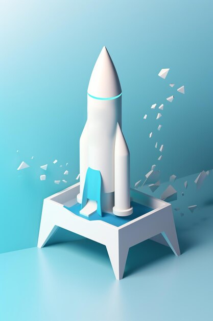 Symbolic 3D Rendering of White Rocket Model against Blue Background for Startup Concepts