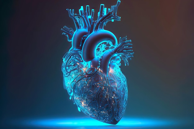 Символический абстрактный d визуализирует неоновое изображение человеческого сердца в синем цвете