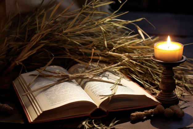 Symbolic Christian objects on table with abstract background