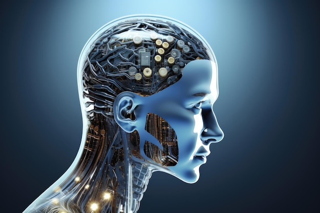 Символический концептуальный образ технологии искусственного интеллекта, слитой с человеческим мозгом робота генеративным искусственным интеллектом