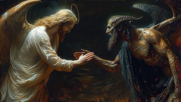 Symbolic confrontation battle between God and the devil good and evil Jesus Christ and Lucifer struggle of opposites the eternal conflict between light and darkness in religious representations