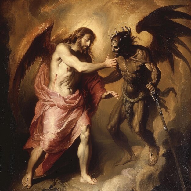 Symbolic confrontation battle between God and the devil good and evil Jesus Christ and Lucifer struggle of opposites the eternal conflict between light and darkness in religious representations