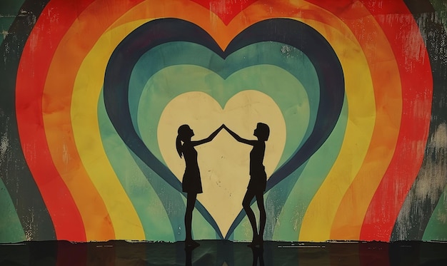 Symbolic drawing of the silhouette of two women holding hands and in the background a multicolored h