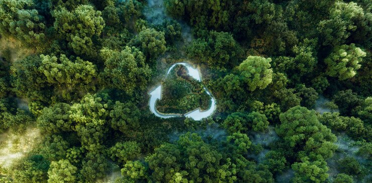 Photo symbolic emblem of an ecopush for recycling and reusing depicted as a pond with a recycle sign amid a pristine forest backdrop 3d rendering