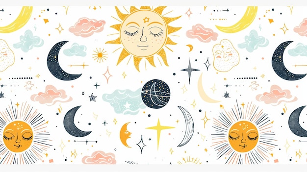 Photo symbolic esoteric seamless pattern with constellations sun moon magic eyes clouds and stars great for clothing designs packaging astrology phone cases wrapping papers