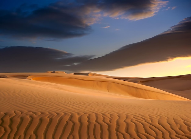 Symbolic evening sky and arid sand dunes evoke global warming's harsh reality