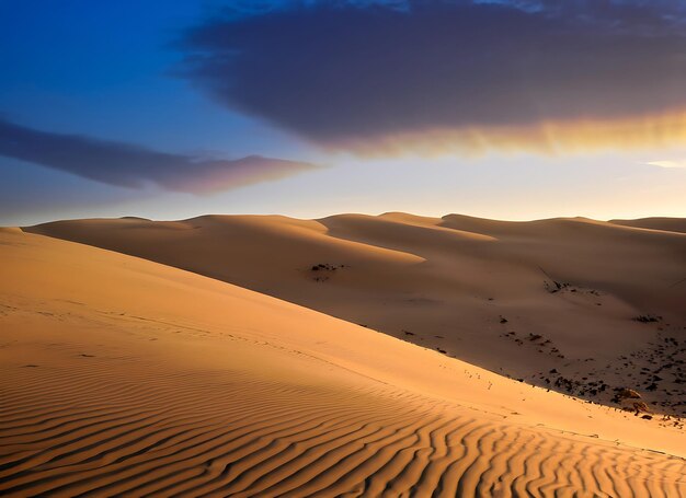 Symbolic evening sky and arid sand dunes evoke global warming's harsh reality