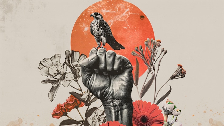 Photo symbolic fist with bird and flowers against a red sun