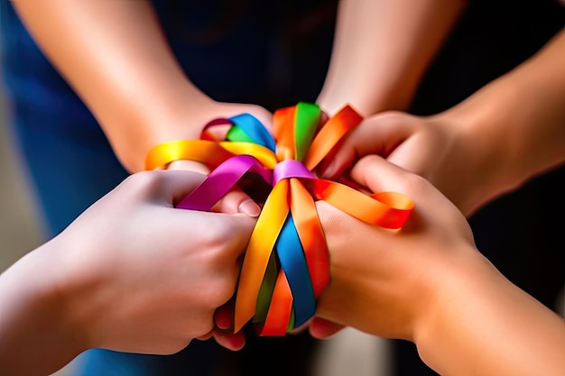 Symbolic Gesture Hands Holding Rainbow Ribbons a Tribute to the LGBT Community Generative AI