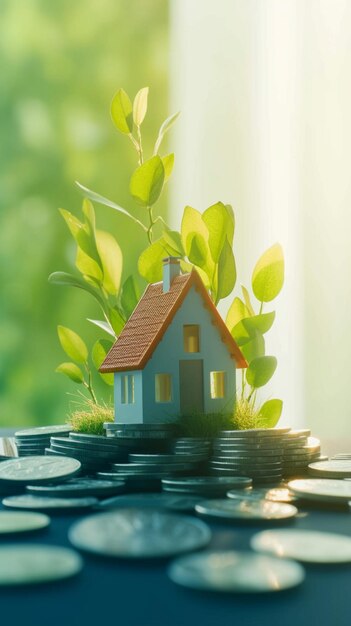 Symbolic image miniature house on coins with green background blur Vertical Mobile Wallpaper