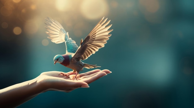 鳥 を 解放 し て いる 人 の 手 の 象徴 的 な 画像