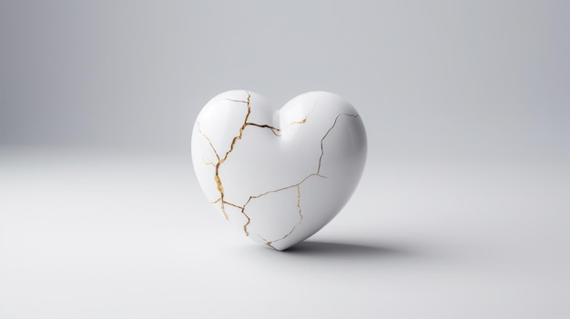 Символическое обновление любви Белое мраморное сердце с сложными позолоченными трещинами, представляющими Кинцуги Ар