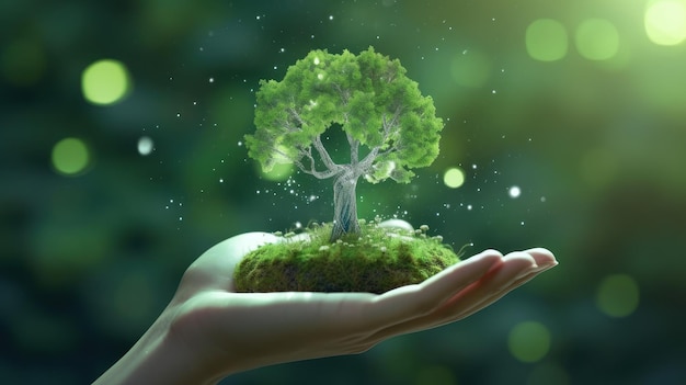 Symbolic magic green tree in a human hand on blurred background Respect for nature sustainable energy care for the environment ecological development Earth Day concept Copy space 3D rendering