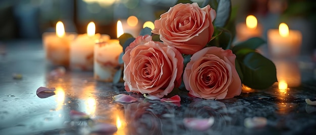 Photo symbolic rose bouquet on marble with candles elicits grief and sympathy concept grief sympathy rose bouquet marble candles symbolic