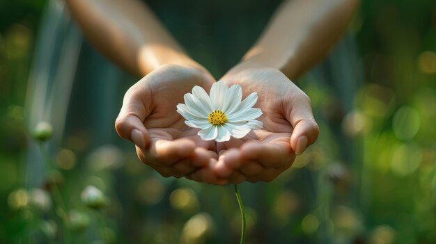 Foto il simbolico fiore bianco tenuto dolcemente tra le mani significa pace e cura