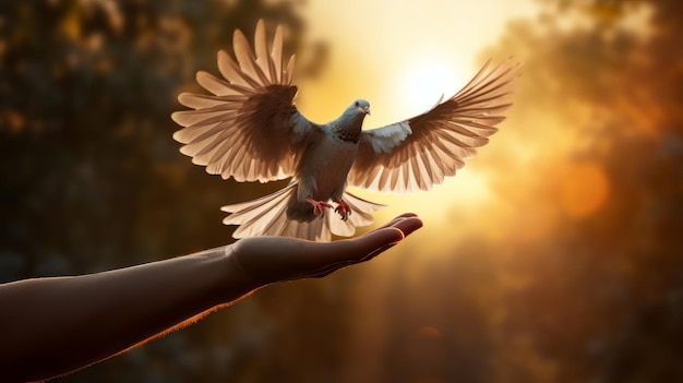 Symbolisch beeld van de hand van een persoon die een vogel vrijlaat