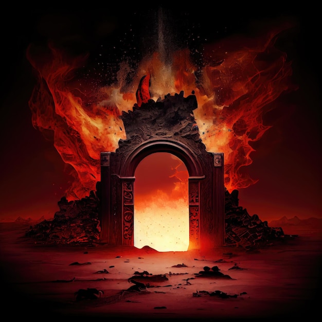 Foto symbolisch beeld van deur naar de hel in de vorm van een toegangspoort met boog