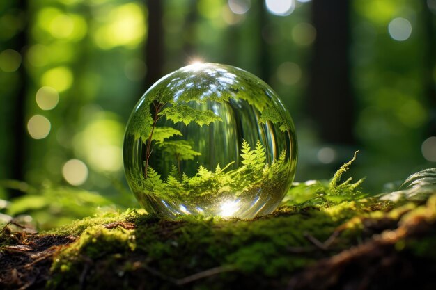 Symbolische glazen bol omringd door weelderig bos dat duurzaamheid overbrengt