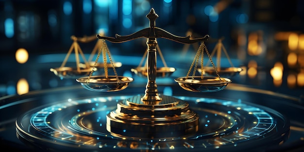 Symbolisering van justitie Digitale schaal van de wet in een datacentrum Milieu Concept Wet Technologie Juridische gegevensbeheer Justitie systeem Datacentrum Operaties Digitale innovatie