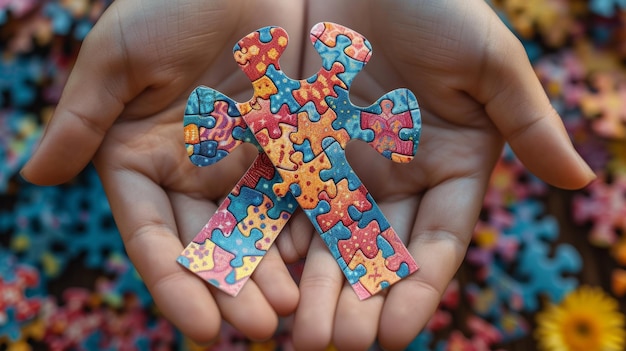 Photo symbolizing pride and world autism spectrum disorder awareness day with puzzle ribbons