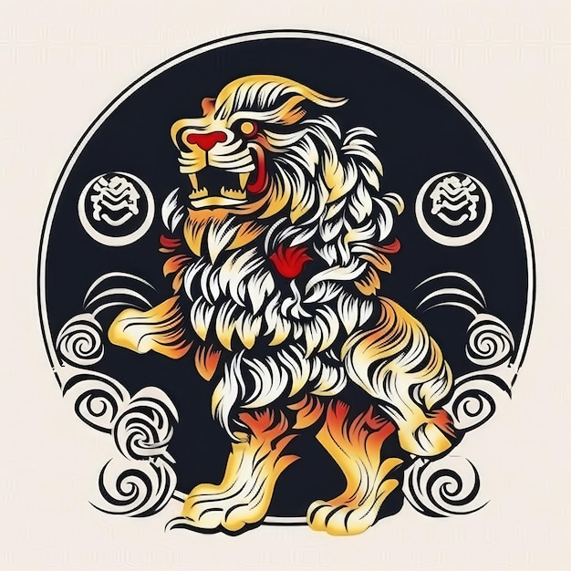 Symbolizing Prosperity Majestic Chinese Lion Logo on a Radiant Gold and Red Background