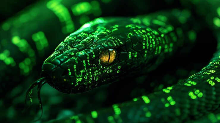 Photo symbolizing python automation in programming a snake is intertwined with binary code