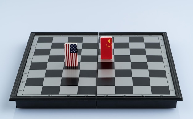 チェス盤にアメリカと中国の旗のシンボル。政治ゲームの概念。