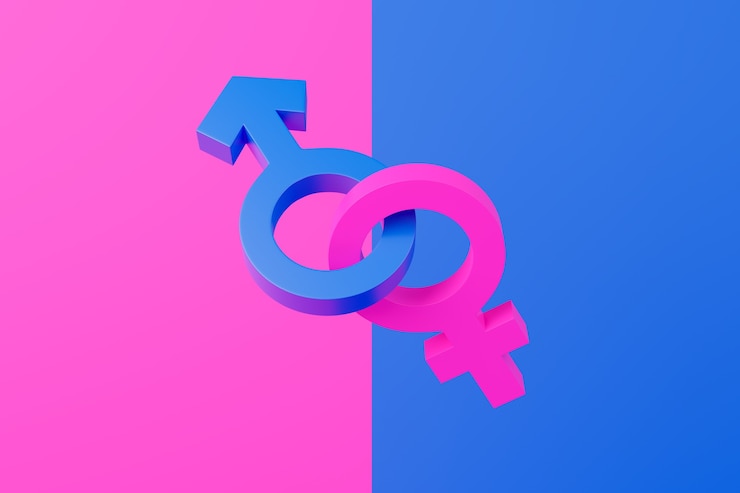 Photo symbols of male and female gender united on pink and blue background.
